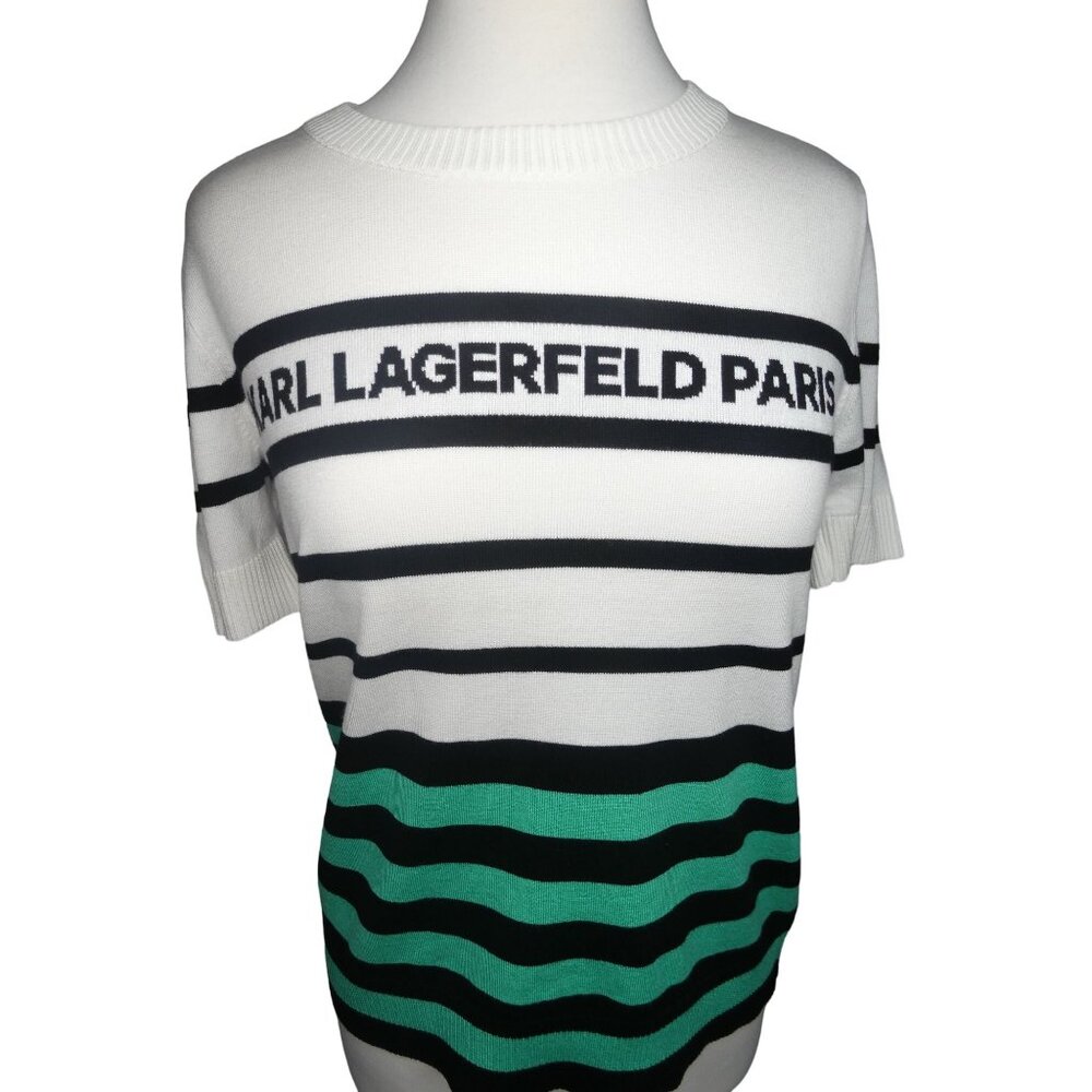 Karl Lagerfeld Women's Striped Logo Short‎ Sleeve Sweater